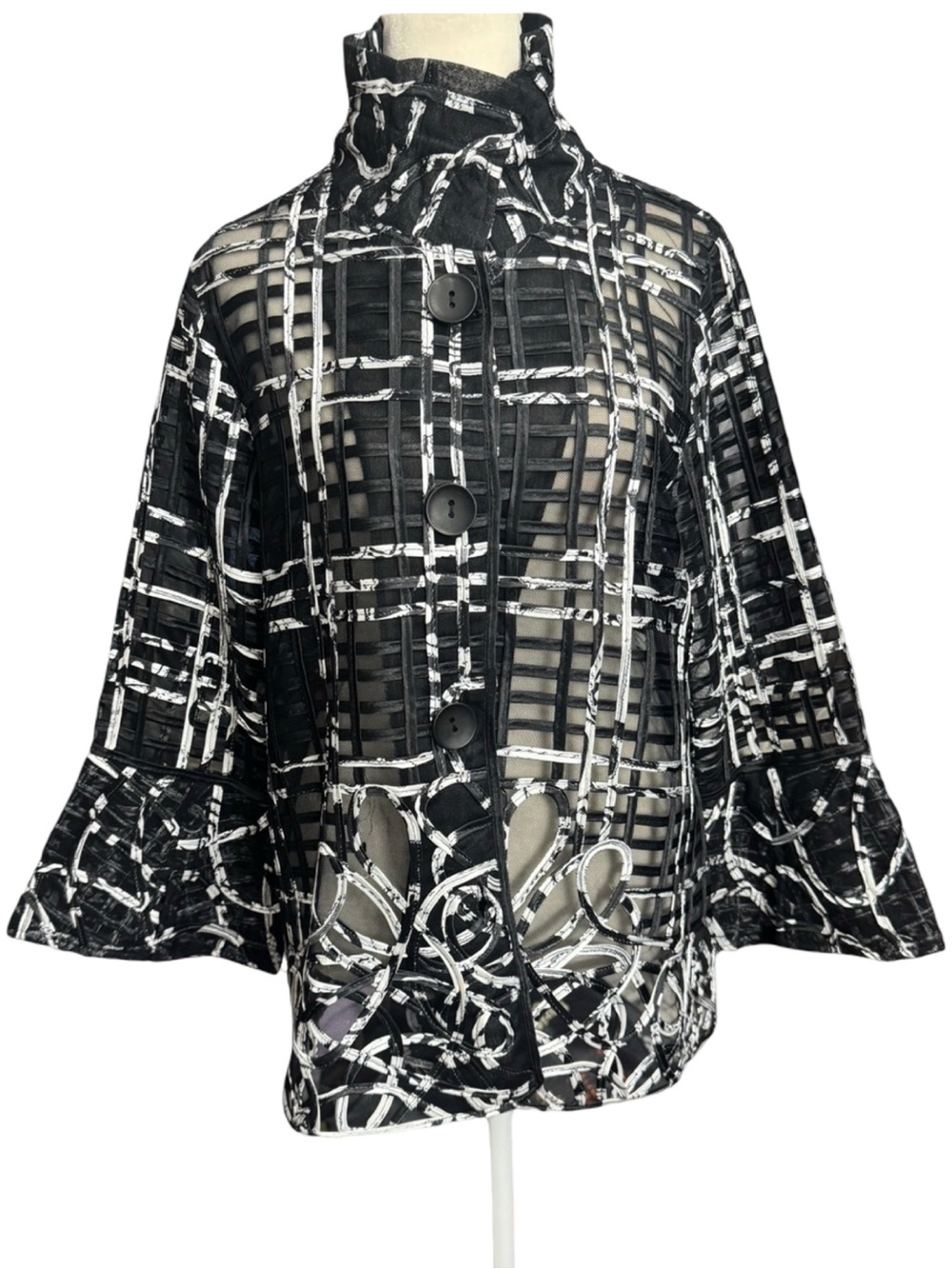 Damee Mesh Embroidered Statement Jacket Size M Artsy Lagenlook Black & White